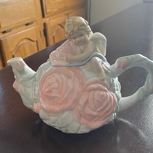 Avon Ceramic Teapot with Angel and Pink Roses